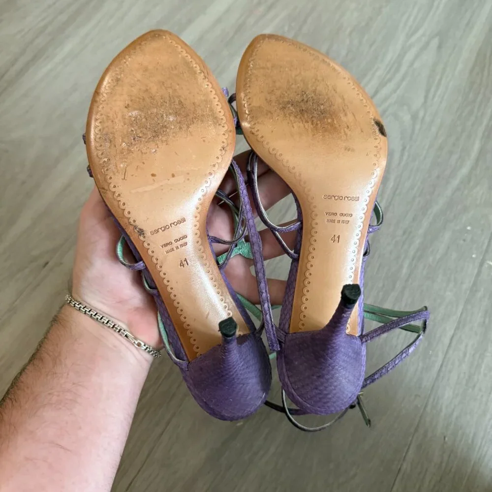Sergio Rossi Purple Strappy Heels with Mint Green Insole - Picture 5 of 6
